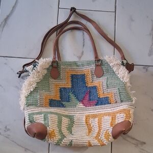 Free People Large Boho Woven Rug Tote Bag Leather Straps Fringe Slouchy